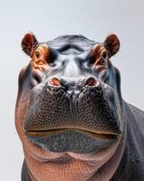 A close up of a hippo's face photo