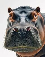 A close up of a hippo's face photo