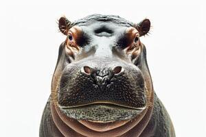 A hippo's face is shown in a white background photo
