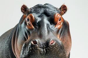 A close up of a hippo's face photo