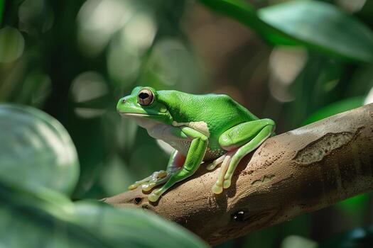 A green frog sitting on a branch in the sun photo