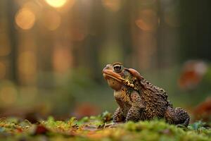 A toad sitting on the ground in the woods photo