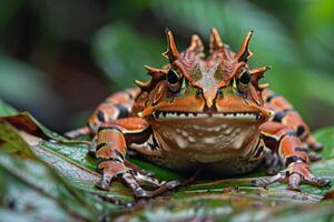 A frog with spikes on its head sitting on a leaf photo