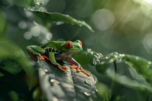 A red eyed tree frog is sitting on a leaf photo