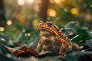 A toad sitting on the ground in the woods photo