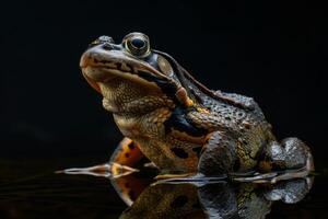 A frog with a black background and brown spots photo