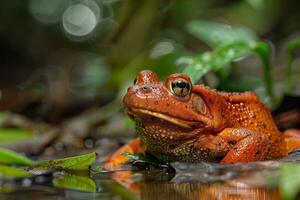 A red frog sitting in the water with green plants photo