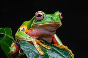 A frog with a big eye is sitting on a leaf photo