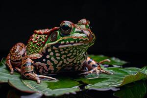 A frog with a colorful pattern on its back photo