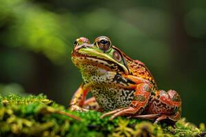 A colorful frog sits on top of a moss covered tree photo