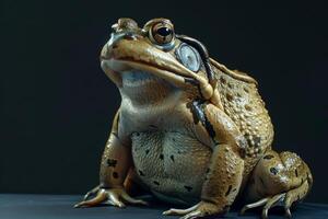 A large brown frog sitting on a black surface photo
