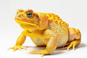 A yellow and white frog sitting on a white surface photo