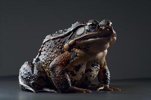 A large toad is sitting on a dark background photo