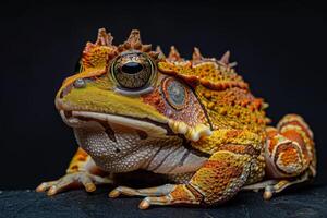 A close up of a frog with orange and white spots photo