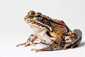 A frog with a white background sitting on a white surface photo
