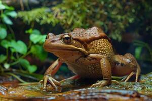 A large brown frog sitting on top of a rock photo