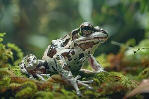 A frog with a black and white pattern sitting on top of moss photo