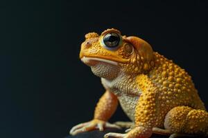 A yellow toad with big eyes sitting on a black surface photo