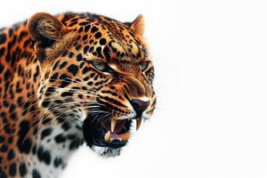 A leopard is roaring on a white background photo