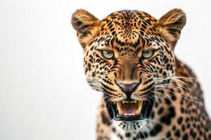 A leopard is growling and showing its teeth photo