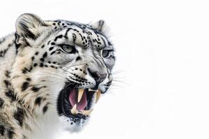 A snow leopard with its mouth open and its teeth showing photo