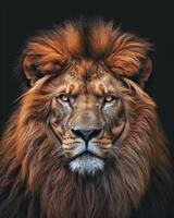 A lion with long hair on a black background photo