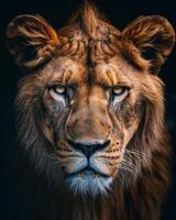 A close up of a lion's face photo