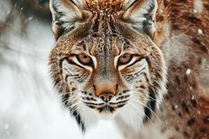A lynx is looking at the camera in the snow photo