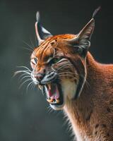 A lynx cat with its mouth open and its teeth showing photo