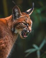 A lynx cat with its mouth open and its teeth showing photo