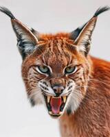 A lynx cat with its mouth open and its teeth showing photo