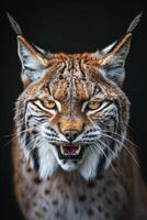 A lynx with its mouth open and its eyes wide open photo