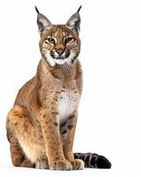 A lynx is sitting down on a white background photo