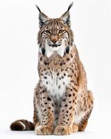 A lynx is sitting down in front of a white background photo
