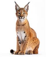 A lynx is sitting in front of a white background photo