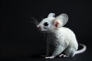 A white mouse with big ears sitting on a black background photo