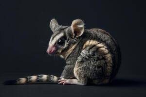 A sugar glider is sitting on a black background photo