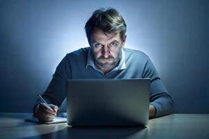 A man with a beard and a white shirt is sitting at a table with a laptop and a cup of coffee. He looks angry and is staring at the laptop screen. photo