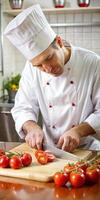 A chef is cutting tomatoes on a cutting board. The tomatoes are on a wooden board and are cut into slices. photo