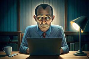 A man is sitting at a desk with a laptop in front of him. He is wearing a blue shirt and a tie. The room is dimly lit, and there are several books on the shelves behind him. photo