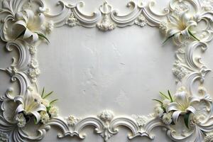 White patterned frame on white background and white lily flowers. photo