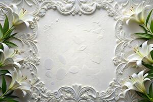 White patterned frame on white background and white lily flowers. photo