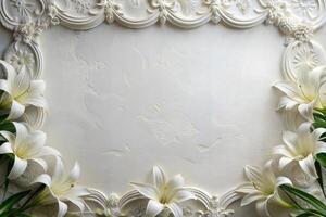 White patterned frame on white background and white lily flowers. photo