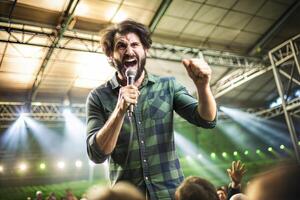 A young man with a microphone in his hand on stage in front of the audience. photo