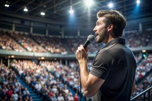 A young man with a microphone in his hand on stage in front of the audience. photo