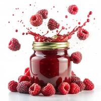 Raspberry jam in the form of a splash flying in the air and raspberries on a white background. photo