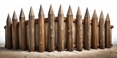 An old fence made of logs tightly fitted to each other with pointed ends on a white background. photo