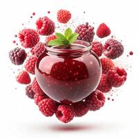Raspberry jam in the form of a splash flying in the air and raspberries on a white background. photo