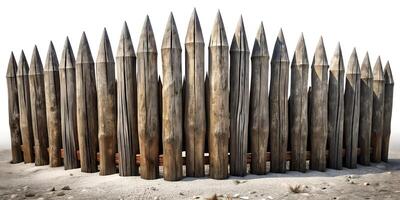 An old fence made of logs tightly fitted to each other with pointed ends on a white background. photo
