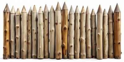 An old fence made of logs tightly fitted to each other with pointed ends on a white background. photo